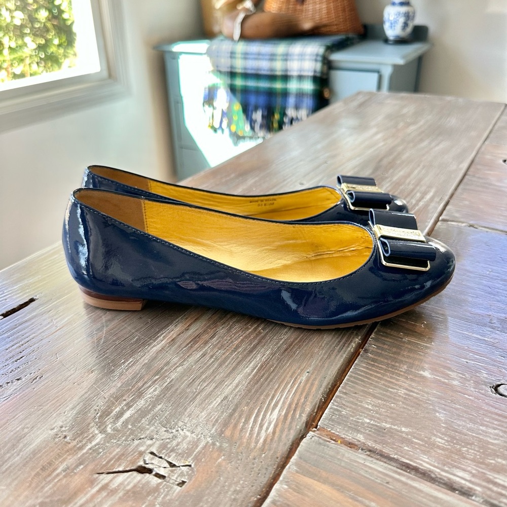 Kate Spade Navy Blue Patent Leather Ballet Flats With Bow Old Money Preppy - Picture 5 of 8